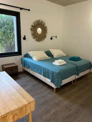 a bedroom with a bed and a mirror on the wall at A0 Magnifique Appt 6 personnes Lofts de St Lucie in Zonza