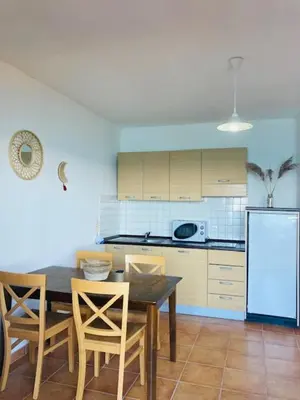 a kitchen with a table and chairs and a refrigerator at Punta di mare, appartements bord de mer in Linguizzetta