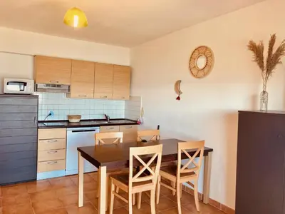 a kitchen with a table and chairs in a room at Punta di mare, appartements bord de mer in Linguizzetta
