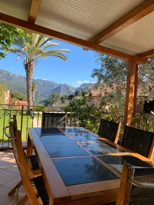a table and chairs on a patio with a palm tree at Maison de village tout confort in Eccica-Suarella
