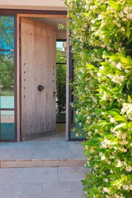 a wooden door in a building with a hedge at Casa Nessa Di Pinarello in Sainte-Lucie de Porto-Vecchio