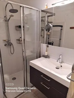 a bathroom with a shower and a sink and a mirror at Super appartement vue Sanguinaires in Ajaccio
