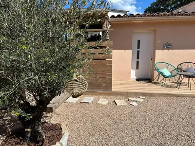 a patio with a tree and a chair and a house at T3 avec spa, hyper centre, port in Porto-Vecchio