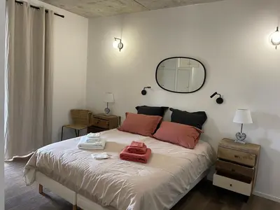 a bedroom with a large bed with a mirror on the wall at A1 Magnifique appt 6 personnes Lofts de Ste Lucie in Zonza
