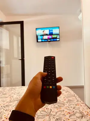 a person holding a remote control in front of a television at Superbe T2 avec place de parking in Ajaccio