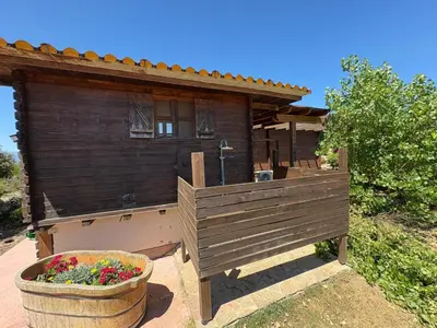 a wooden house with a bench and a flower pot at Chalet Maria in Bonifacio