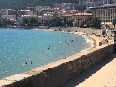 a view of a beach with buildings and the ocean at Très bel appartement avec terrasse de 87m2 avec une superbe vue panoramique sur la baie d Ajaccio in Ajaccio