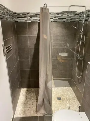 a shower in a bathroom with a toilet and a sink at Mini villa Ghjulia Porto-Vecchio proche des plages in Porto-Vecchio