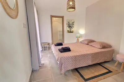 a bedroom with a bed in a room with a mirror at Maison U CASTAGNU in Santa-Reparata-di-Balagna