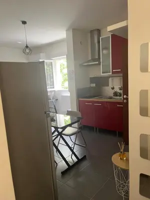 a kitchen with a refrigerator and a table in it at Studio CORTE in Corte