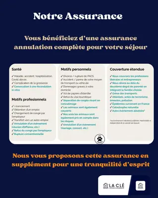 a screenshot of a website with a notice assurance at La Clé Terrasse, Proche port,centre, parking,clim in Porto-Vecchio