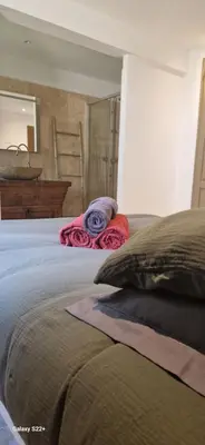 a vase with a red rose on a table in front of a couch at A Pasturella, Jacuzzi Spa in Venzolasca