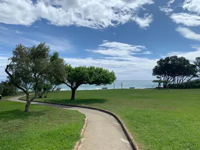 a path through a park with trees and the ocean at Prunete - Appartement - 2 personnes - Piscine in Cervione