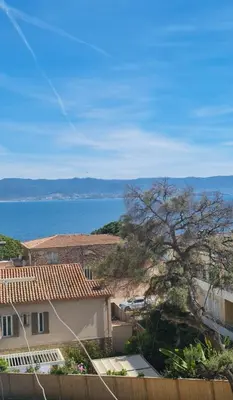 a view of a house and a tree and water at Spacious apartment with sea view in Ajaccio
