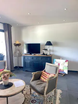 a living room with a chair and a tv at Charmant T3 5 min de porticcio in Porticcio