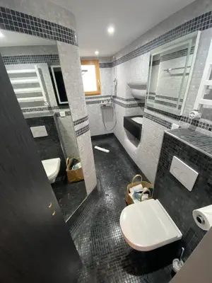 a bathroom with a toilet and a sink and a mirror at Résidence Mademoiselle Joséphine in Ajaccio