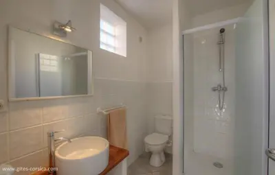 a bathroom with a sink and a toilet and a shower at Idéal logement Cargese 4 in Cargèse