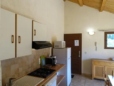 a kitchen with a stove and a white refrigerator at Apartment Residence Cabanaccia 3 Pieces 4 Pers by Interhome in Serriera