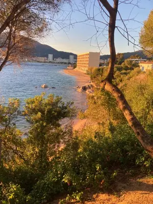 a view of a river with a beach and buildings at T2 standing Ajaccio in Ajaccio
