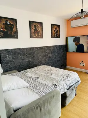 a bedroom with a bed and a flat screen tv at Lisandrina in Ajaccio