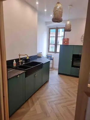 a large kitchen with green cabinets and a sink at Appartement au cœur de la ville in Corte