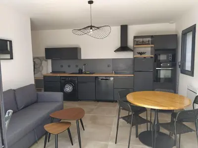 a living room with a couch and a table at Beau logement neuf à 5 mn de la mer in Ventiseri