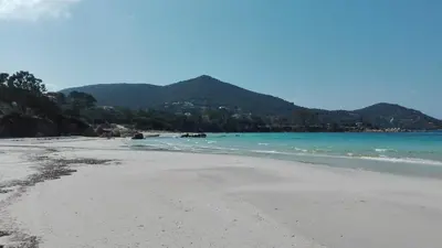 a beach with the ocean and mountains in the background at Le repaire des pirates in Pietrosella