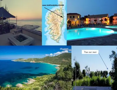 a collage of photos of a beach and a swimming pool at Charmant appartement dans résidence avec piscines in Santa-Maria-Poggio