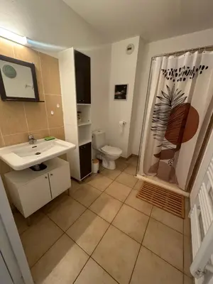 a bathroom with a toilet and a sink and a shower at Charmant appartement dans résidence avec piscines in Santa-Maria-Poggio