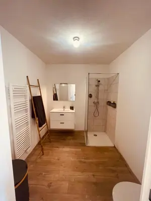 a bathroom with a shower and a sink at Grand studio toit terrase Ajaccio in Ajaccio