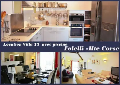 a collage of two pictures of a kitchen at Résidence MARI in Folelli