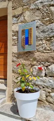 a plant in a white pot next to a stone wall at The Charming House in Ville-di-Paraso