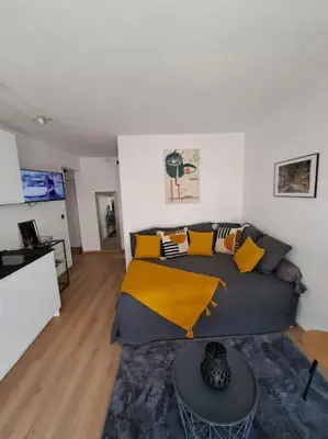 a living room with a couch and a table at Beau studio proche centre ville et plage in Ajaccio