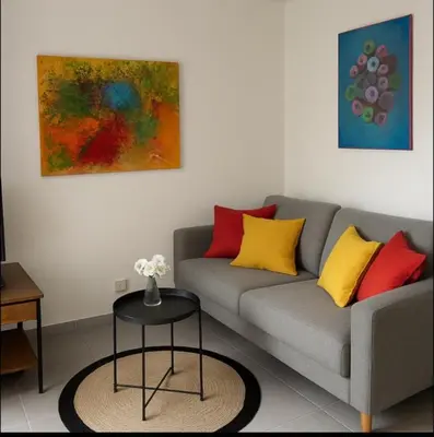 a living room with a gray couch with colorful pillows at Résidence Arborea C3 Corte in Corte