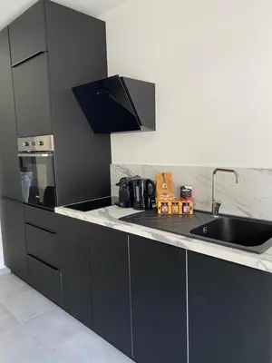 a kitchen with black cabinets and a sink at Résidence Arborea C3 Corte in Corte