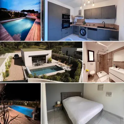 a collage of photos of a kitchen and a house at Villa piscine à 1km plage proche porto vecchio in Lecci