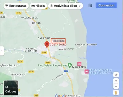 a screenshot of a google map with a red dot at Grand T2 terrasse 27m2 plein sud Folelli centre in Folelli