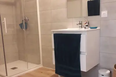 a bathroom with a sink and a shower at Très joli appartement T3 fraîchement rénové, dans résidence hôtellière in Lecci