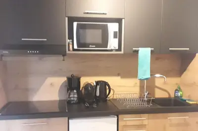 a kitchen with a sink and a microwave at Très joli appartement T3 fraîchement rénové, dans résidence hôtellière in Lecci