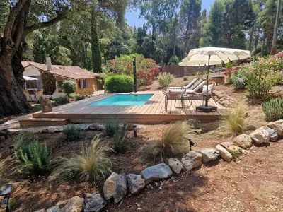 a backyard with a swimming pool and an umbrella at L’oléado in Oletta