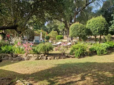 a garden with flowers and trees in a park at L’oléado in Oletta