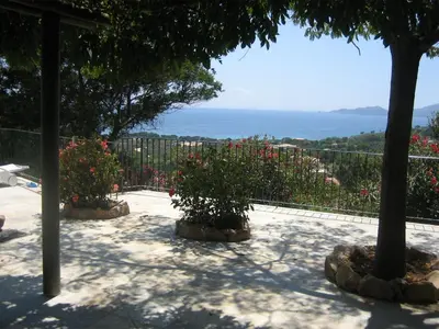 a patio with trees and flowers and a fence at panopé in Porto-Vecchio