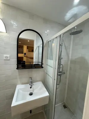 a bathroom with a sink and a shower and a mirror at Appartement moderne Santa Giulia in Porto-Vecchio