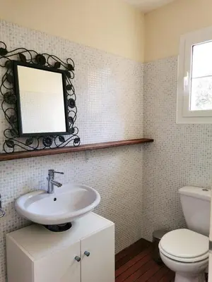a bathroom with a sink and a toilet and a mirror at Magnifique villa entre mer et montagne in Calenzana