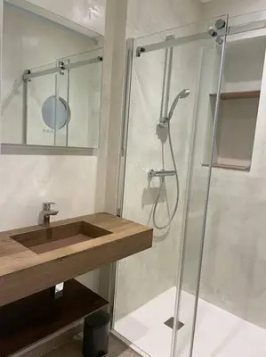 a bathroom with a shower and a sink at Appartement centre ville Corte (F) in Corte