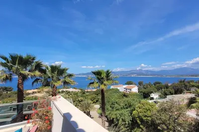 a view of the ocean from a balcony with palm trees at Appartement terrasse et vue mer in Grosseto-Prugna