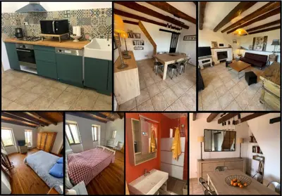 a series of four pictures of a kitchen and a living room at Casadimela in Mela
