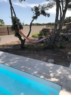 a hose hanging from a tree next to a pool at Villa neuve avec piscine in Bonifacio