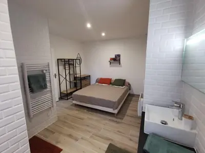 a bedroom with a bed and a sink in it at Appartement Jardin et Piscine Les anges du maquis location Corse-du-Sud in Conca