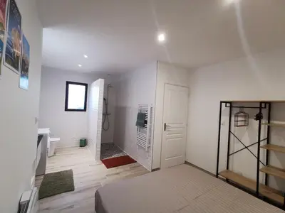 a room with a bathroom with a shower and a toilet at Appartement Jardin et Piscine Les anges du maquis location Corse-du-Sud in Conca